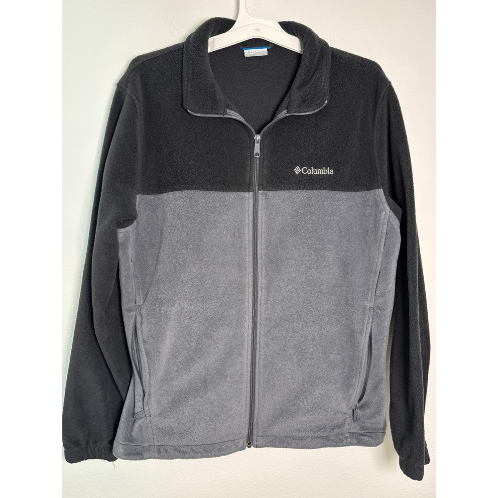 Columbia Mens Full Zip Fleece Jacket Colorblock Grey Black Large Hiking Outdoor